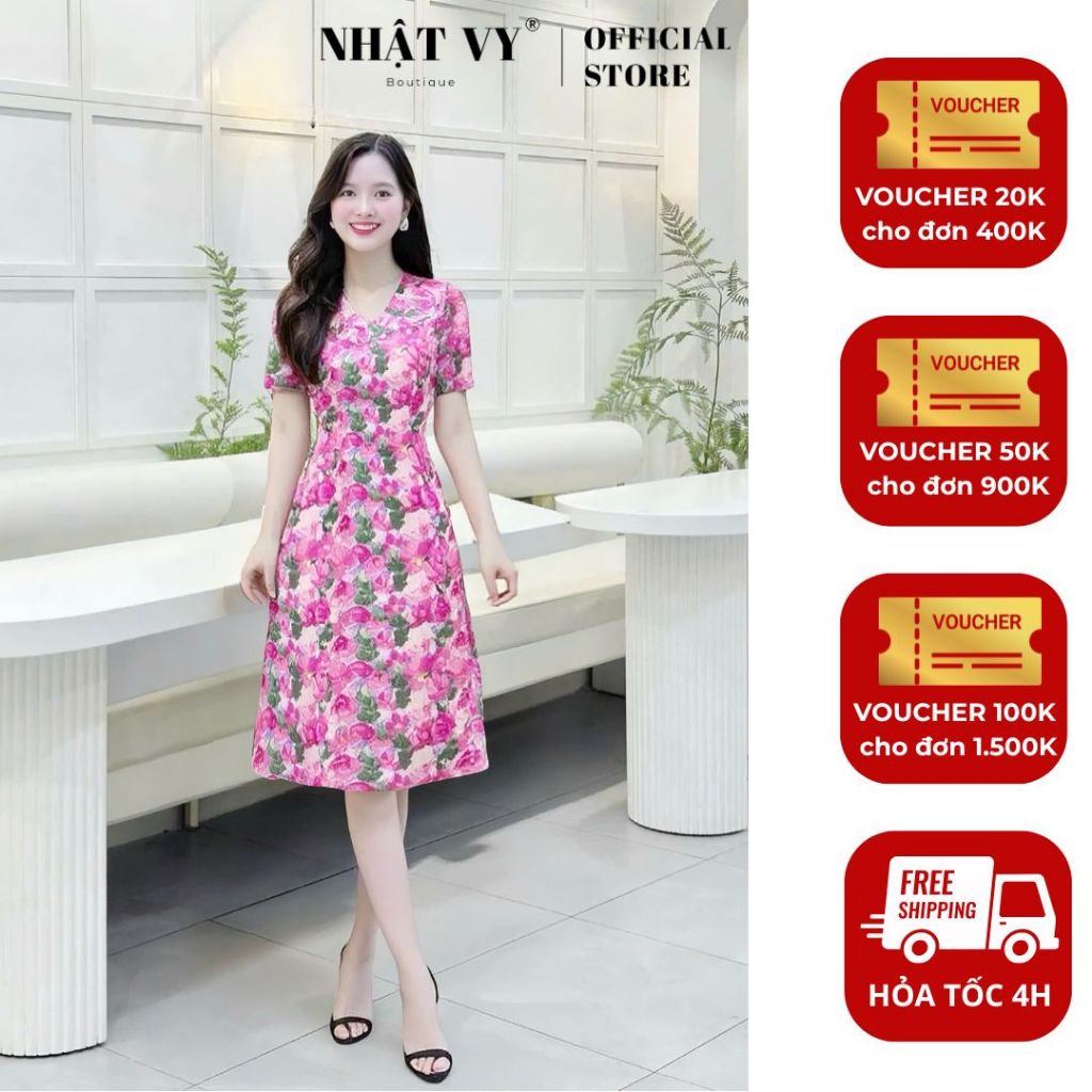 Đầm nữ Nhật Vy hoa voan cổ V dáng xòe công sở dự tiệc du lịch , thanh lịch - D3537