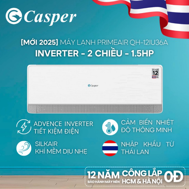   Shopee - Lắp đặt 0Đ HN HCM  Máy lạnh  Điều hòa Casper Inverter PrimeAir 2 chiều 1.5HP QH-12IU36A - Bảo hành 3 năm 