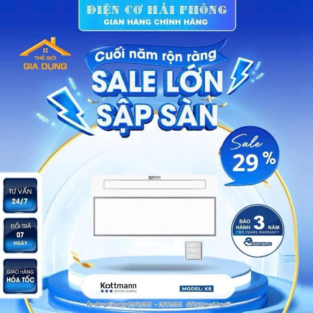 Quạt âm trần đa năng Kottmann K8 (5in1) Dùng điều khiển từ xa - Hàng chính hãng