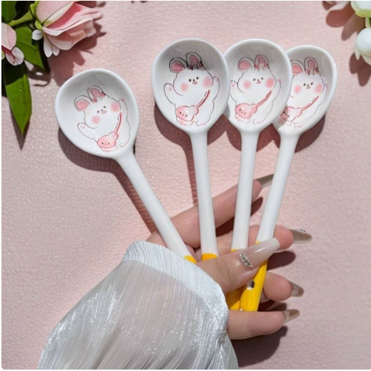 thìa gốm thỏ trắng đeo nơ đeo cặp THGS25 cute dễ thương thìa cơm muôi canh gốm sứ