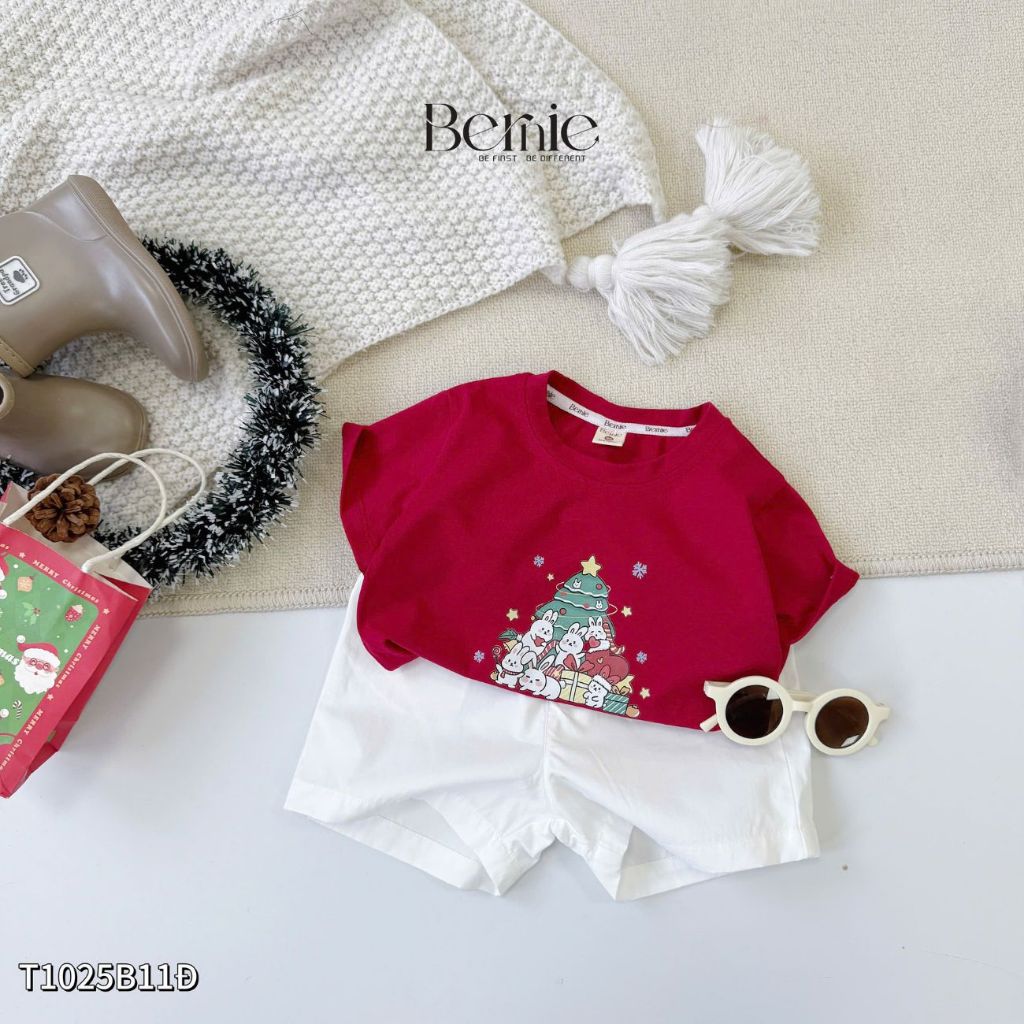 Set đồ áo phông quần ngắn trắng bé gái bé trai đi học đi chơi noel màu đỏ 1 đến 7t BERNIE T1025B11Đ