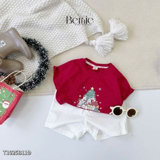  Set đồ áo phông quần ngắn trắng bé gái bé trai đi học đi chơi noel màu đỏ 1 đến 7t BERNIE T1025B11Đ 