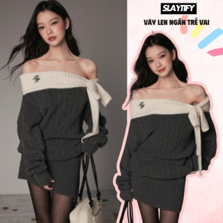  Váy len dáng ngắn SLAYTIFY trễ vai chất len lông cừu không bai nhão Freesize QCCC mùa đông 