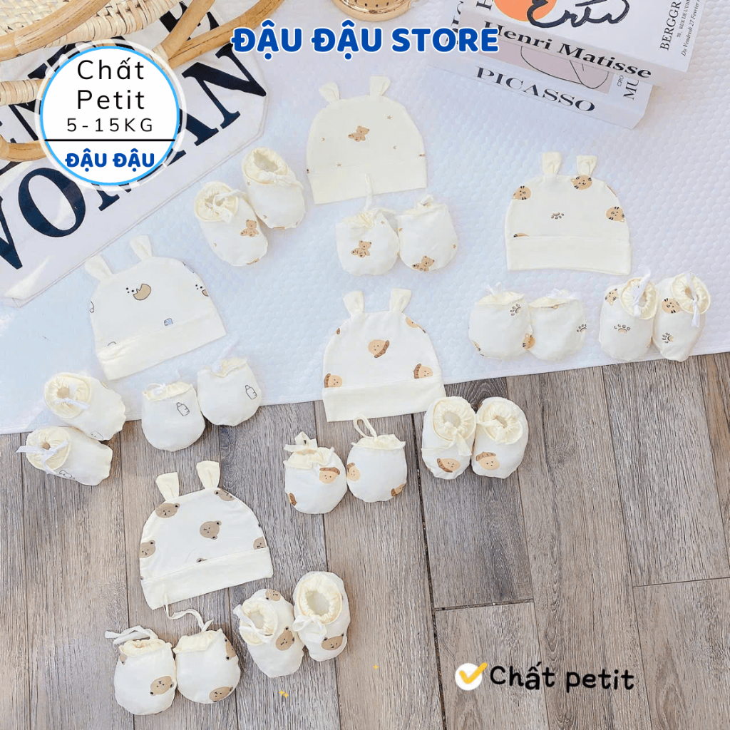 Set Mũ Bao Tay Bao Chân Thun Petit DÂY RÚT Cho Bé mềm mịn thoáng mát co giãn in họa tiết - Đậu Đậu Store