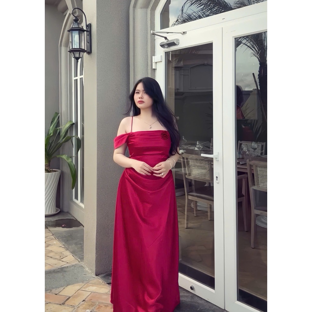 [Kèm Hoa] Đầm Lụa Bigsize nista Dáng Dài Bẹt Vai Có Mút Xếp Ly Eo Siêu Sang Bigsize Từ 55-90K PhTh06 | BigBuy360 - bigbuy360.vn