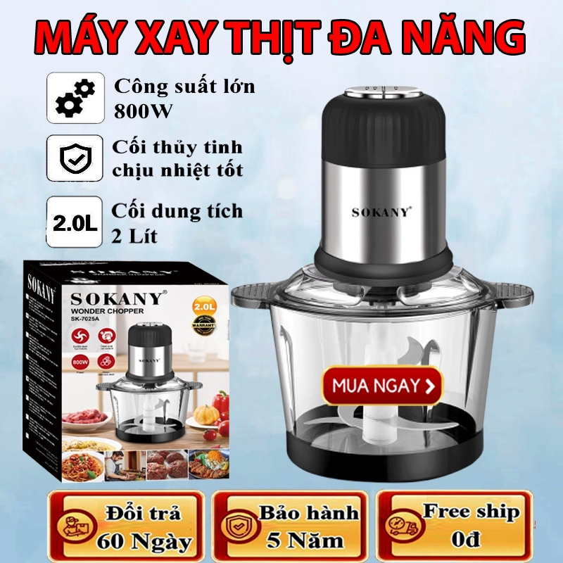 [CHÍNH HÃNG] Máy xay thịt đa năng, máy xay Sokany SK-7025A cối thuỷ tinh, dung tích 2L, công suất 800W, lưỡi dao 2 tầng