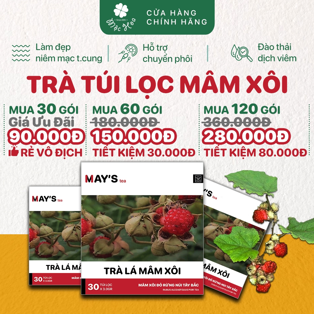 Trà túi lọc Lá mâm xôi rừng Mộc Hoa - Làm đẹp niêm mạc, hỗ trợ thả tự nhiên và chuyển phôi ivf, iui