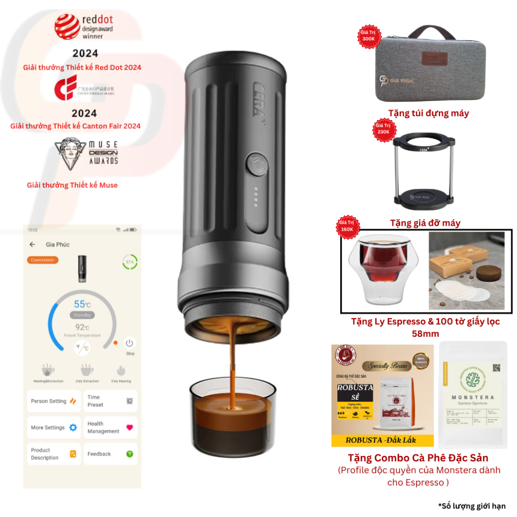 ( Quà Tặng 800k) Máy Pha cà phê Espresso PCM03S-Max | Chỉnh qua app điện thoai | Cera+ | Rổ 58mm | 2