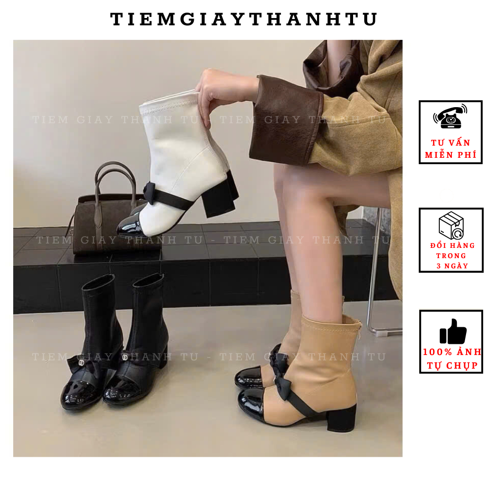 q9717-23 [ MIJILI ] Boot  cổ ngắn Nữ Mũi Vuông Khóa Nơ Dễ Thương Phối Hai Màu Trắng Kem Gót Vuông 5c