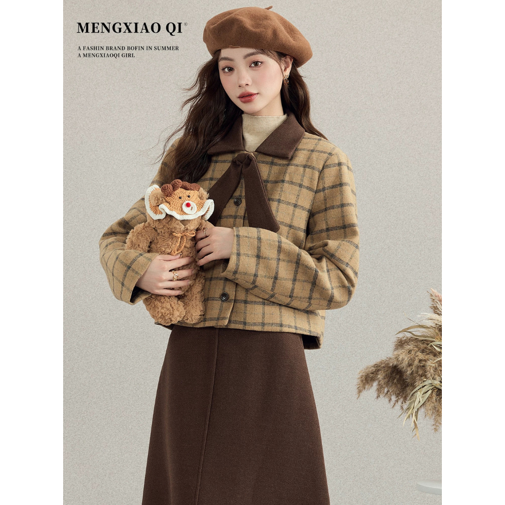 Set Dạ Kẻ Caro Mix Chân Váy Dáng Dài Cạp Chun 2 Màu Ghi Nâu by HuongPhapClothing