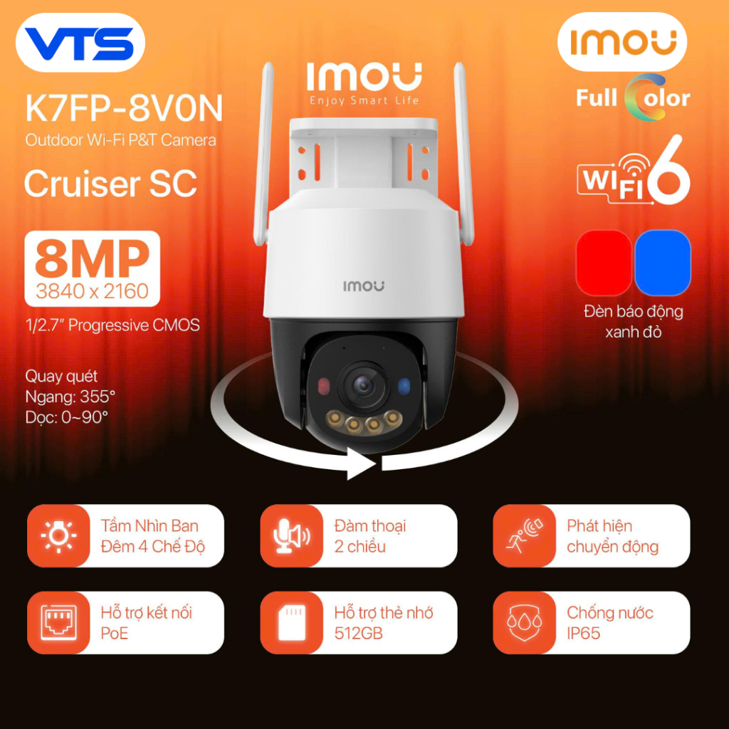 Camera Wifi IMOU CRUISER SC K7FP 8MP/ 5MP/ 3MP, Đèn Cảnh Báo Xanh + Đỏ, Đàm Thoại 2 Chiều, Theo Dõi