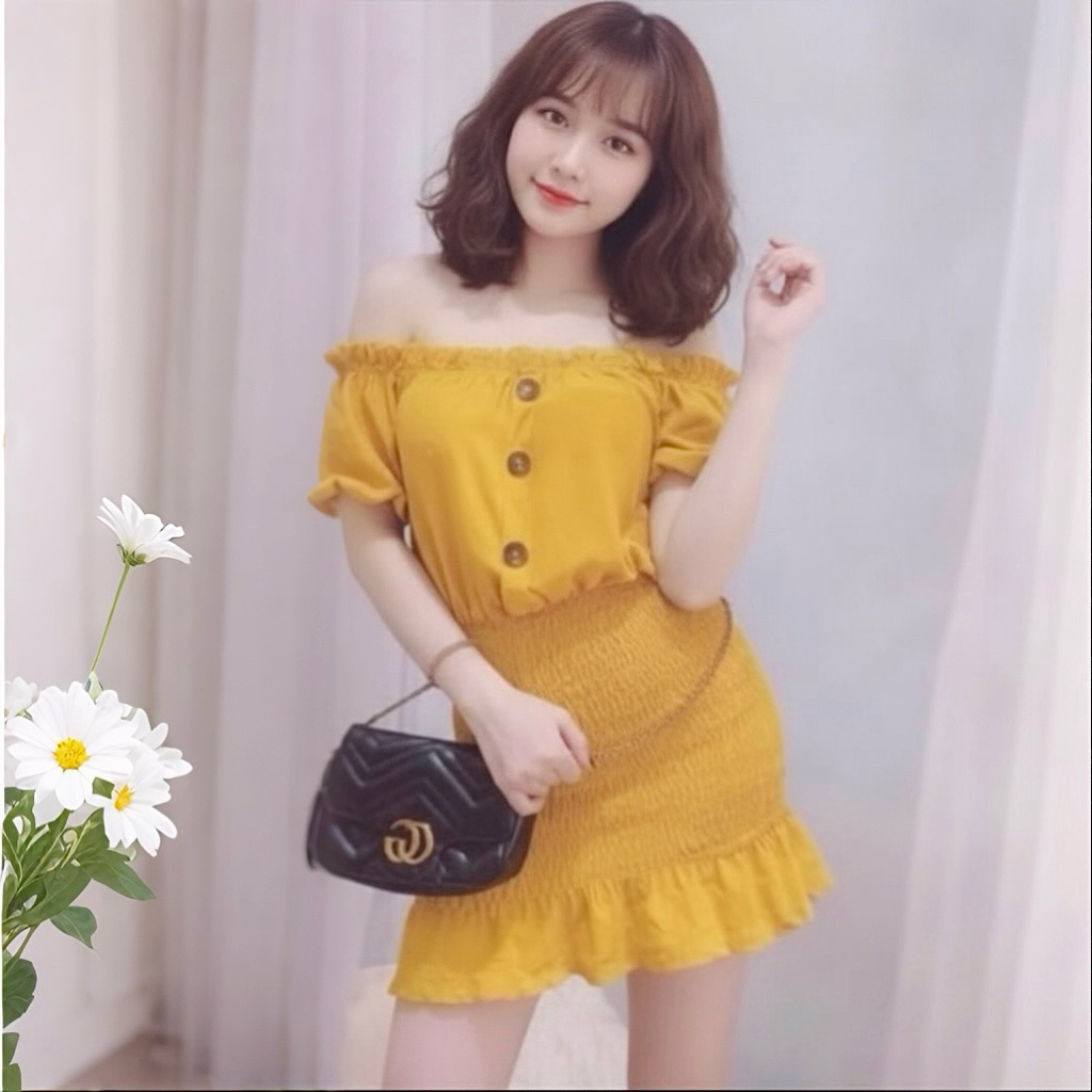 Đầm trễ vai vàng phong cách hàn quốc trẻ trung năng động dưới 50kg