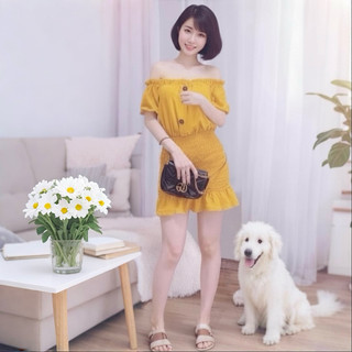 Đầm trễ vai vàng phong cách hàn quốc trẻ trung năng động dưới 50kg