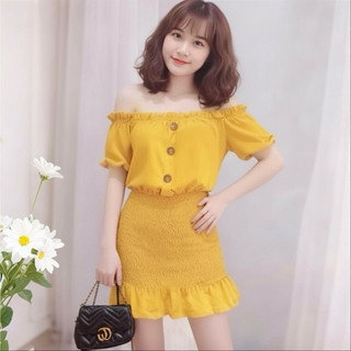 Đầm trễ vai vàng phong cách hàn quốc trẻ trung năng động dưới 50kg