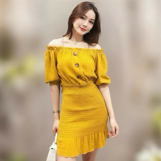 Đầm trễ vai vàng phong cách hàn quốc trẻ trung năng động dưới 50kg