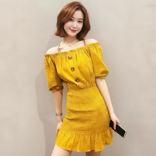 Đầm trễ vai vàng phong cách hàn quốc trẻ trung năng động dưới 50kg