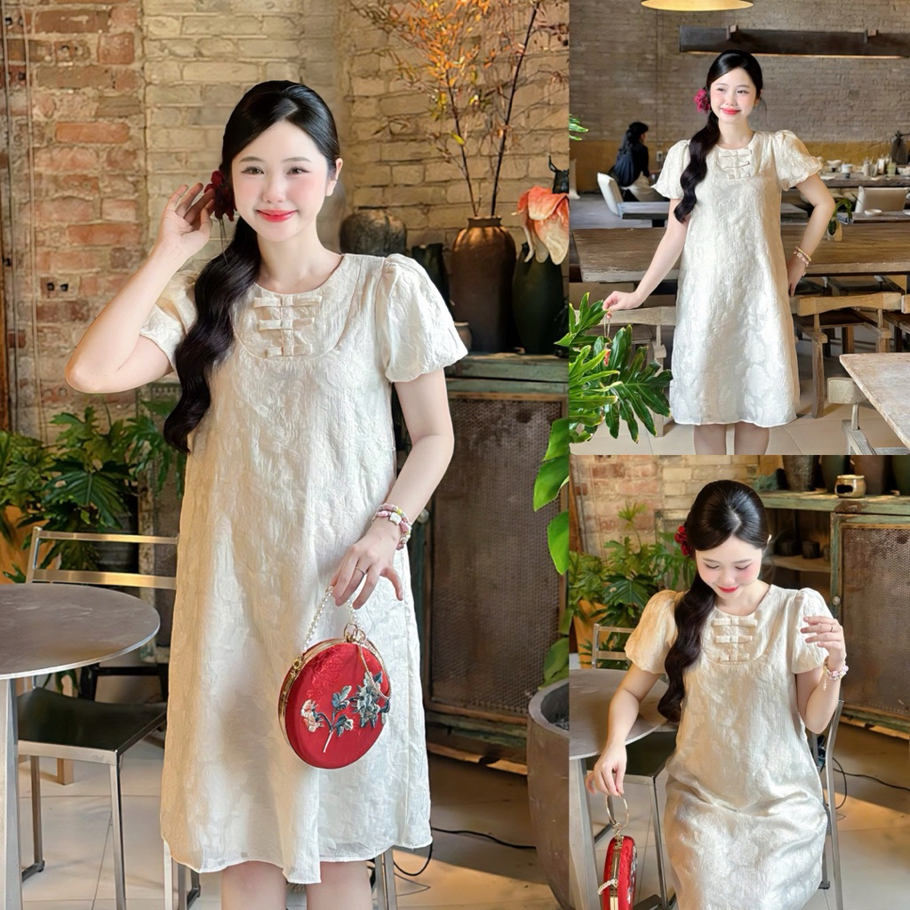 EVERMOM l Đầm bầu Vivi hoa nổi tay phồng kết nơ thanh lịch