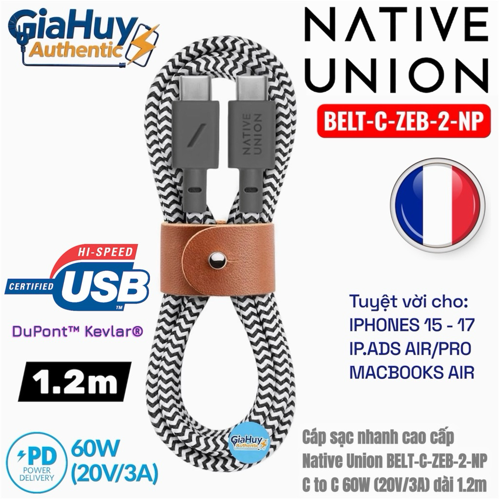 Cáp sạc cao cấp Native Union BELT-C-ZEB-2-NP C to C PD 60W (20V/3A) dài 1.2m