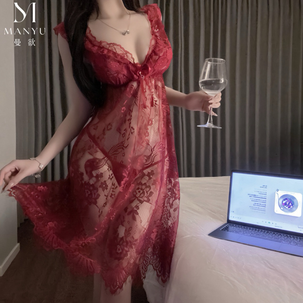 Váy ngủ sexy, váy ngủ ren hoa dáng dài, dây áo bản to đính nơ tặng kèm quần chip | BigBuy360 - bigbuy360.vn