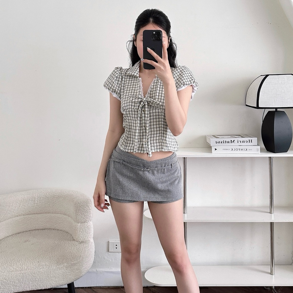 Áo Sơmi Nữ Tay Bồng Ngắn Cổ V Viền Ren Có Nơ Buộc Hoạ Tiết Caro | BigBuy360 - bigbuy360.vn