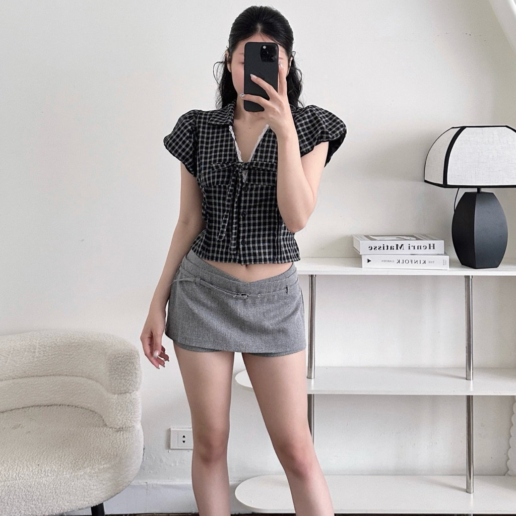 Áo Sơmi Nữ Tay Bồng Ngắn Cổ V Viền Ren Có Nơ Buộc Hoạ Tiết Caro | BigBuy360 - bigbuy360.vn