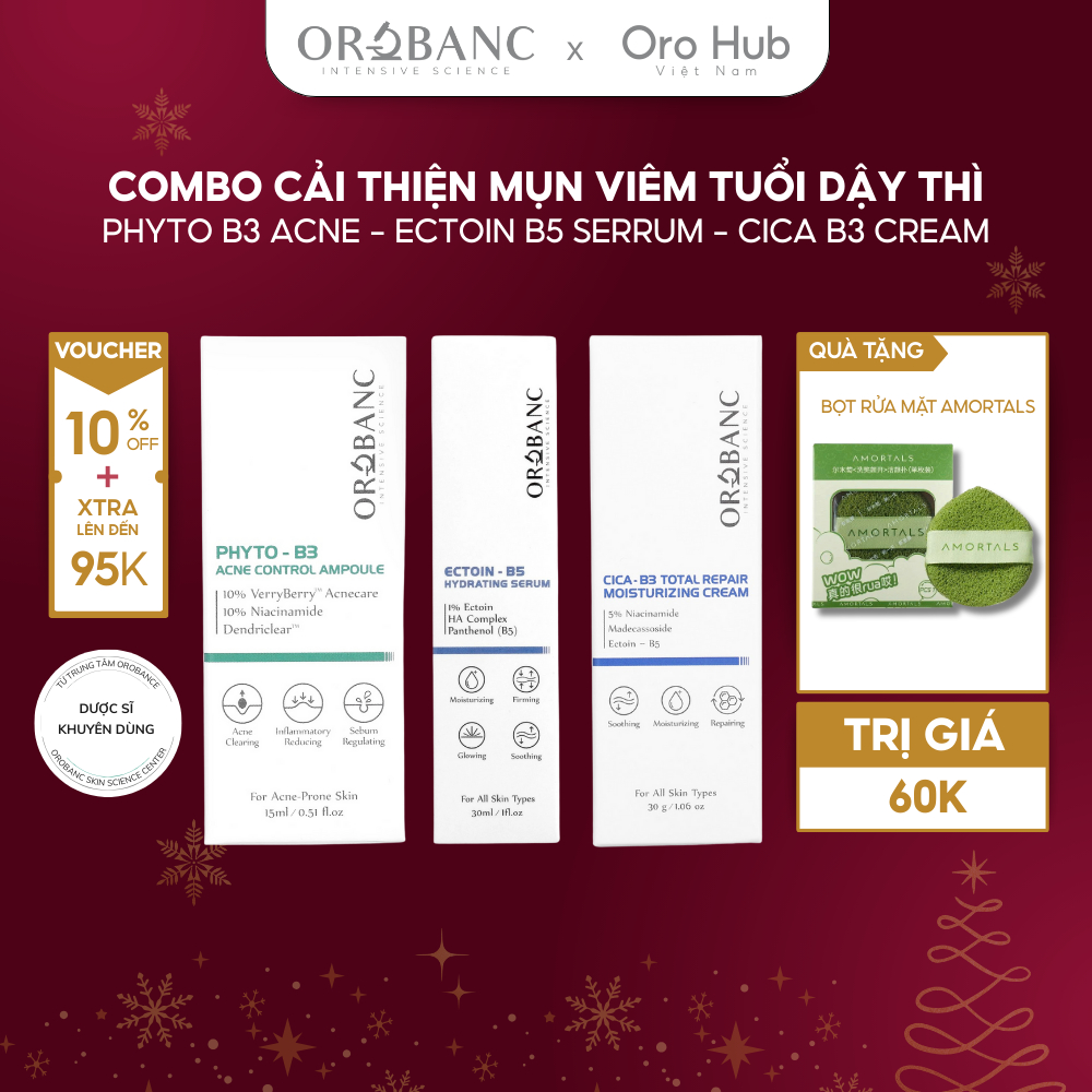Combo Orobanc Cải Thiện Mụn, Phục Hồi Da Nhạy Cảm - Phyto B3 Acne Ampoule + Ectoin B5 Serum + Cica B