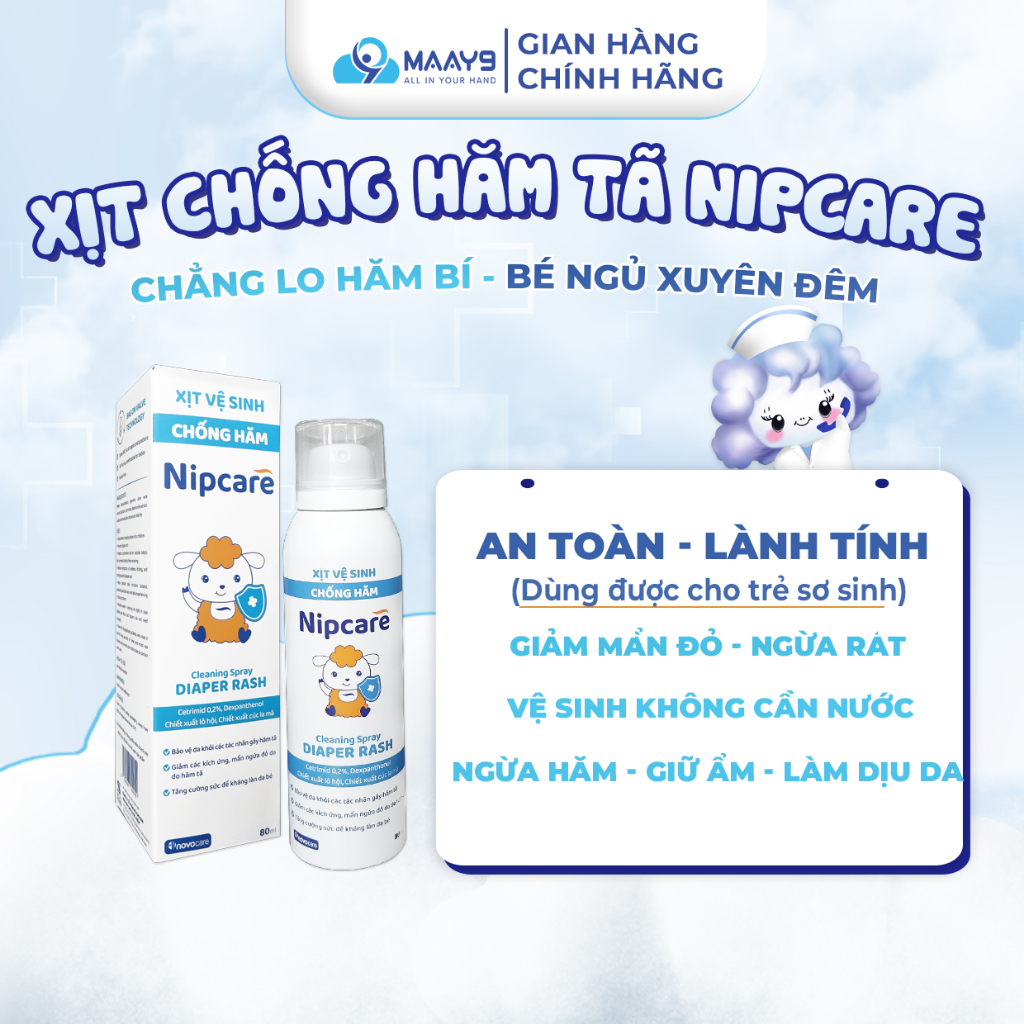 Xịt chống hăm Novocare Nipcare 80ml- vệ sinh khi thay tã bỉm, giảm triệu chứng kích ứng mẩn đỏ do hă