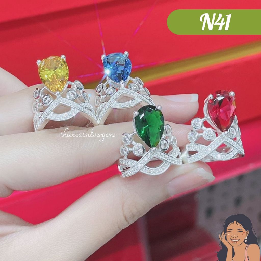 N41 Nhẫn vương miện đính đá Bạc thật Thiên Cát s950