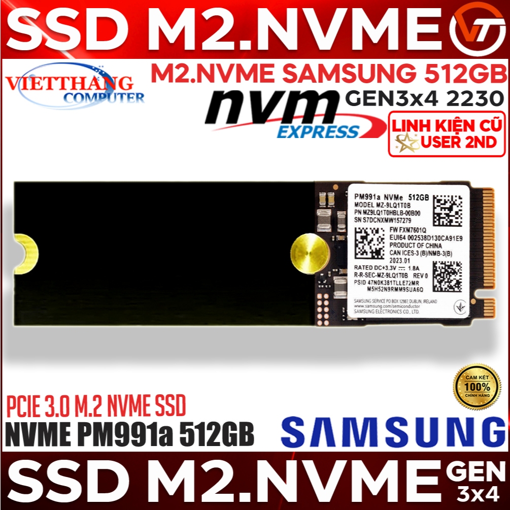 Ổ cứng SSD M2 Nvme Samsung PM991a 512GB Gen3x4 2230 Zin chuẩn xịn Nvme đã qua sử dụng ( Cũ - 2nd )