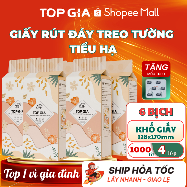 Thùng 6 Bịch Khăn giấy rút đáy TopGia Tiểu Hạ thiết kế treo tường 1000 tờ 4 lớp dày dặn mềm mịn
