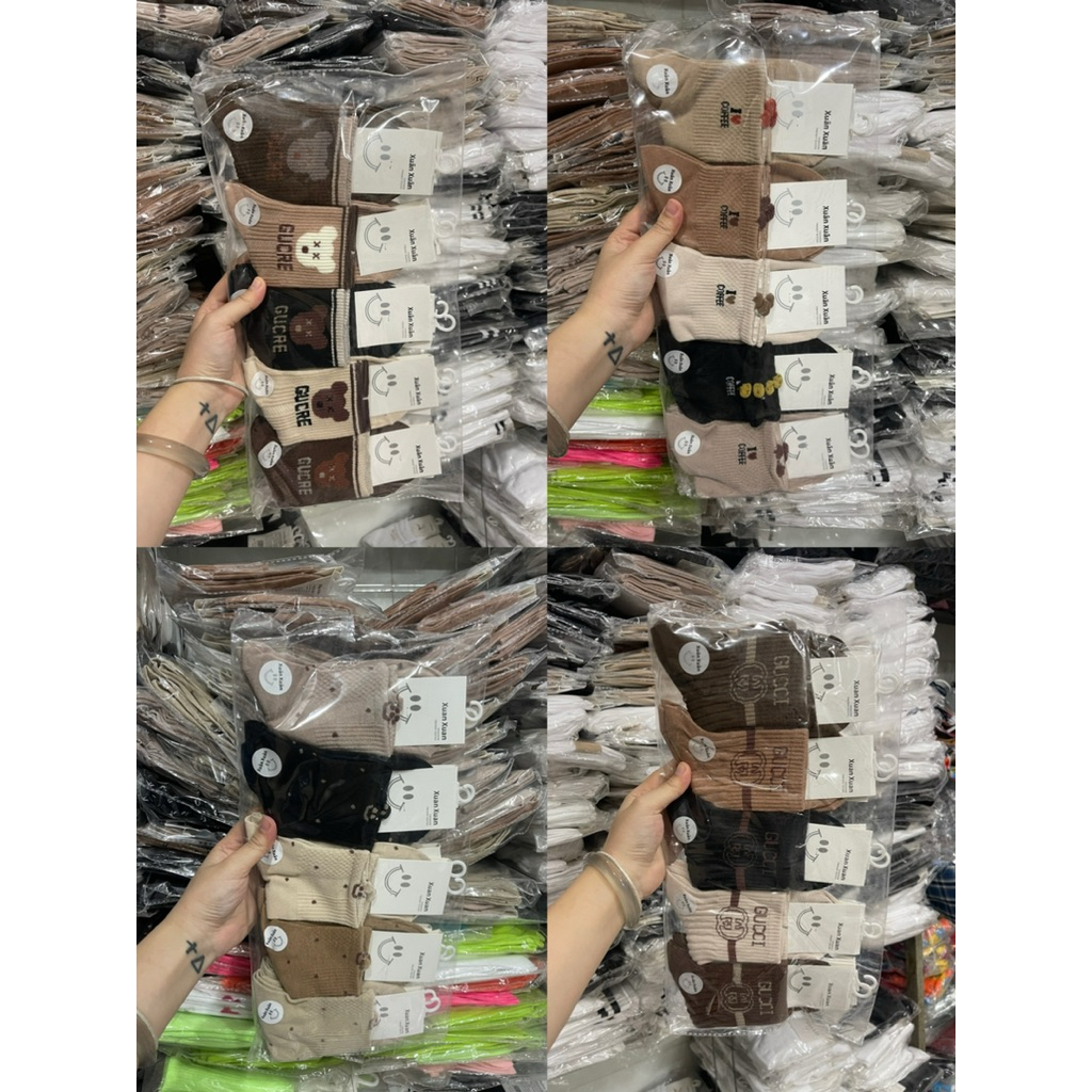 Combo 5 đôi tất nữ màu tối, tất cotton cổ trung cho nữ