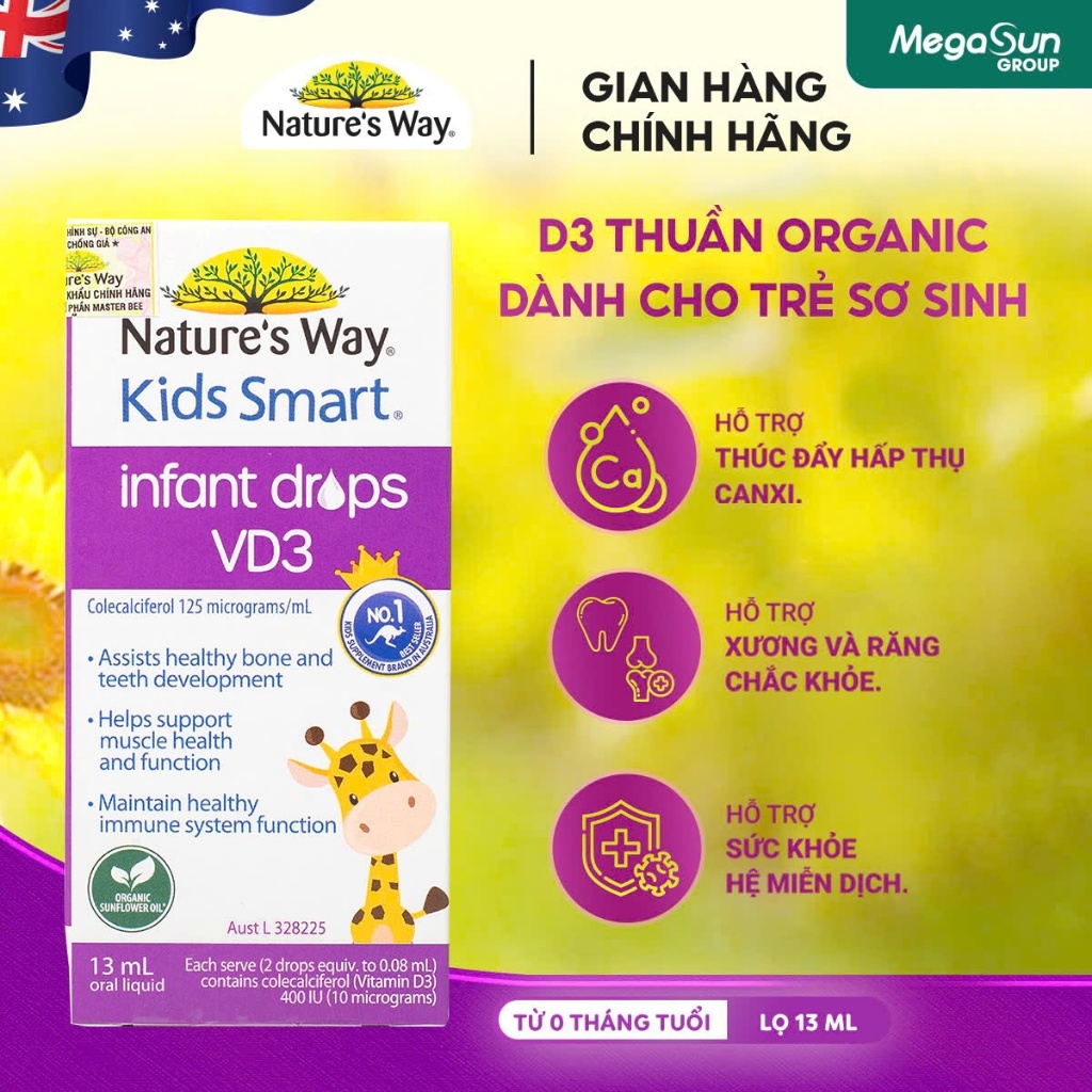 Vitamin D3 ORGANIC Nature’s Way, D3 Thuần Cho Trẻ Sơ Sinh Nature's Way Kids Smart Infant Drops VD3 -