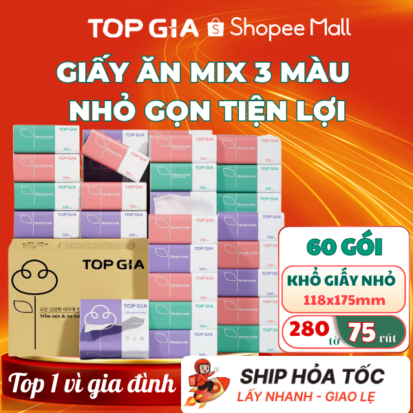 Giấy ăn rút TOPGIA cao cấp Mix 3 màu thùng 60 gói nhỏ tiện lợi cho cuộc sống hàng ngày