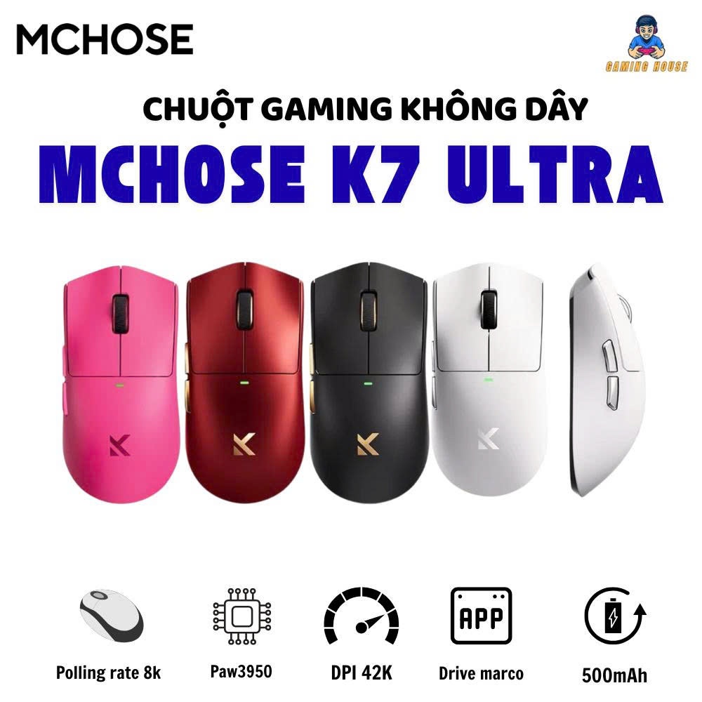 Chuột không dây MCHOSE K7 Ultra - 3 mode - Paw3950 - DPD 42000 - Polling rate 8k - 750 IPS  - APP tù