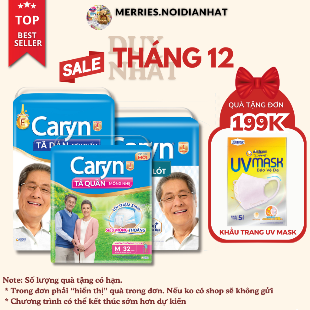 Tã dán quần đệm lót người già Caryn M L XL Lõi bông cao cấp thấm hút mỏng nhẹ, cho bề mặt luôn khô t