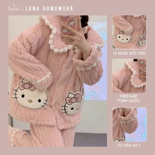   QCCC  LUNA Bộ ngủ lông cổ bèo tiểu thư đồ ngủ lông ủ kem pijama pyjama cho nữ mùa đông hàng Quảng Châu 