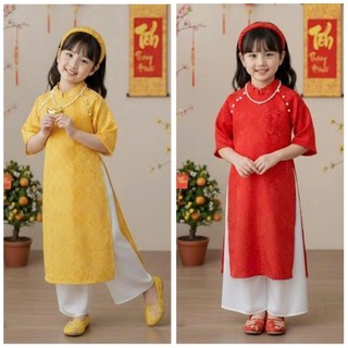  Sét Áo dài Tết gấm truyền thống +quần ống xuông lụa bóng   tặng vòng cổ và cài tóc  8-32kg 