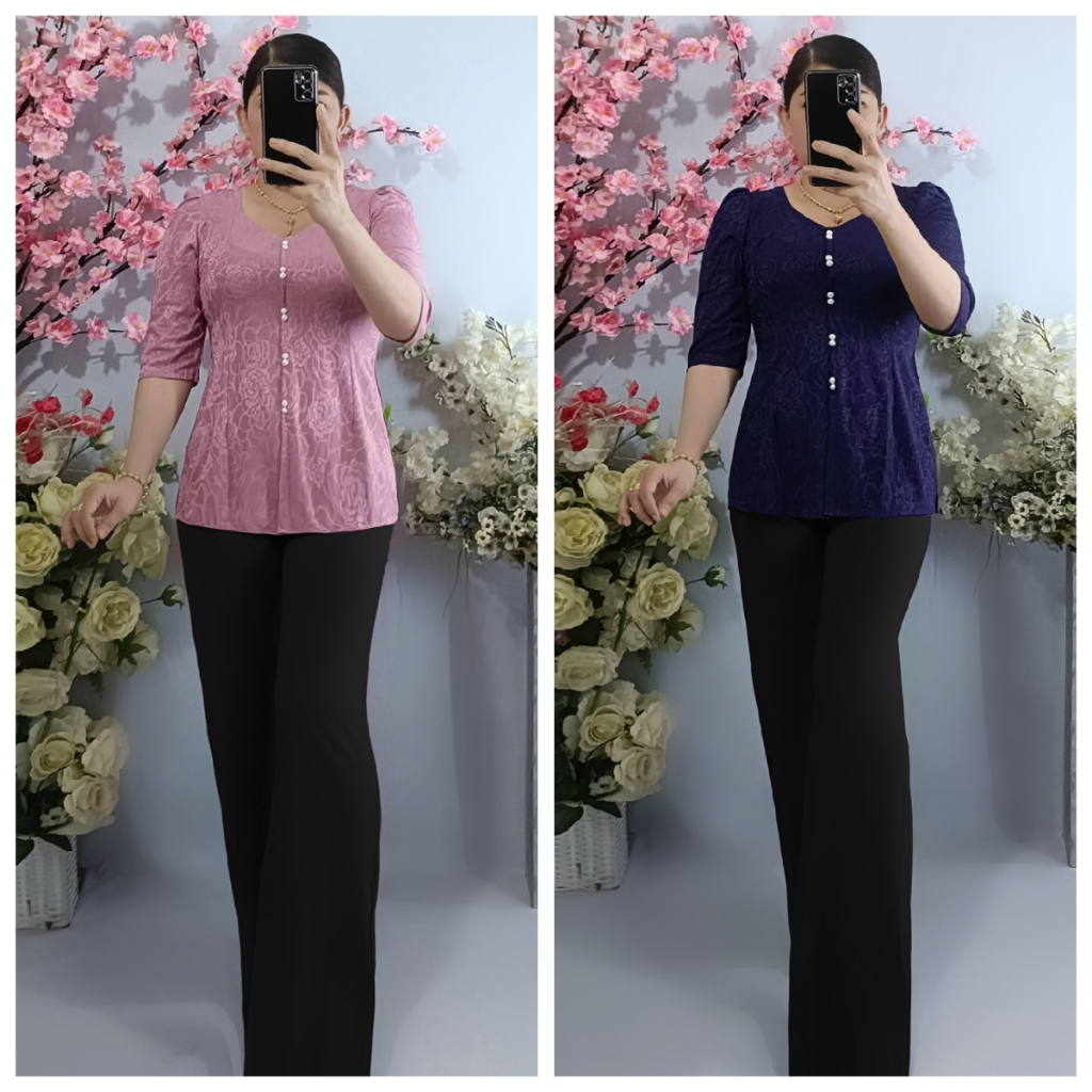 Bộ Lẻ (Áo Bà Ba Cổ Vuông Tim Tay Lỡ Thun Gấm + Quần Đen Ống Rộng)