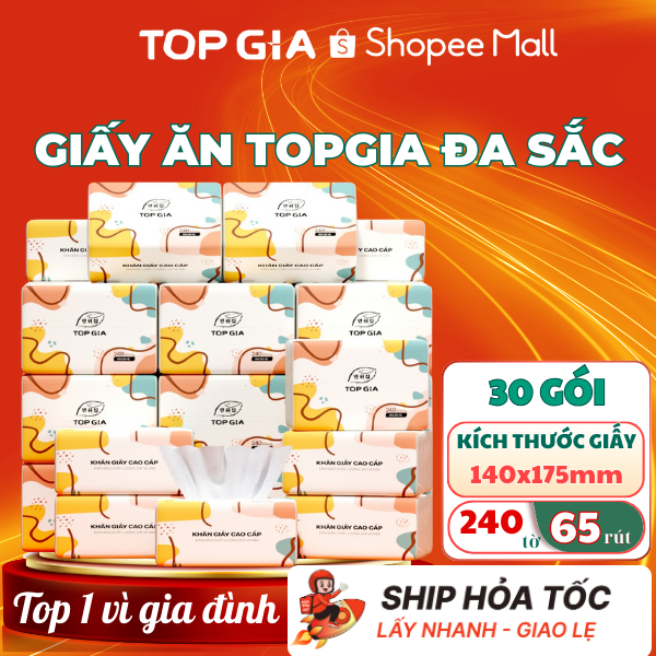 Giấy ăn rút Topgia thùng 30 gói đa sắc cao cấp 240 tờ 4 lớp, dập vân 4D, mềm mịn, thấm hút tốt