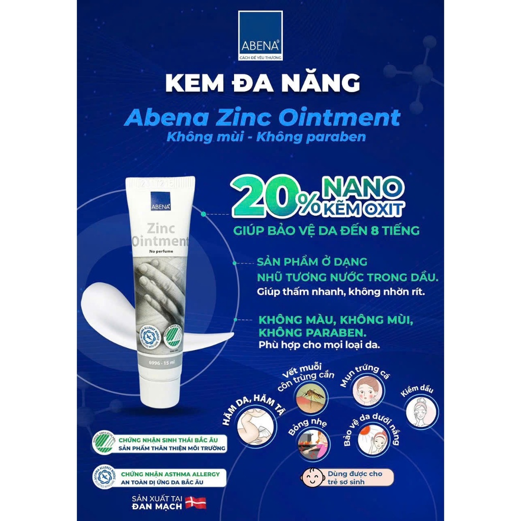 Kem đa năng Abena Zinc Ointment, Nhập Khẩu Đan Mạch dùng được cho bé sơ sinh tuýp 15ml