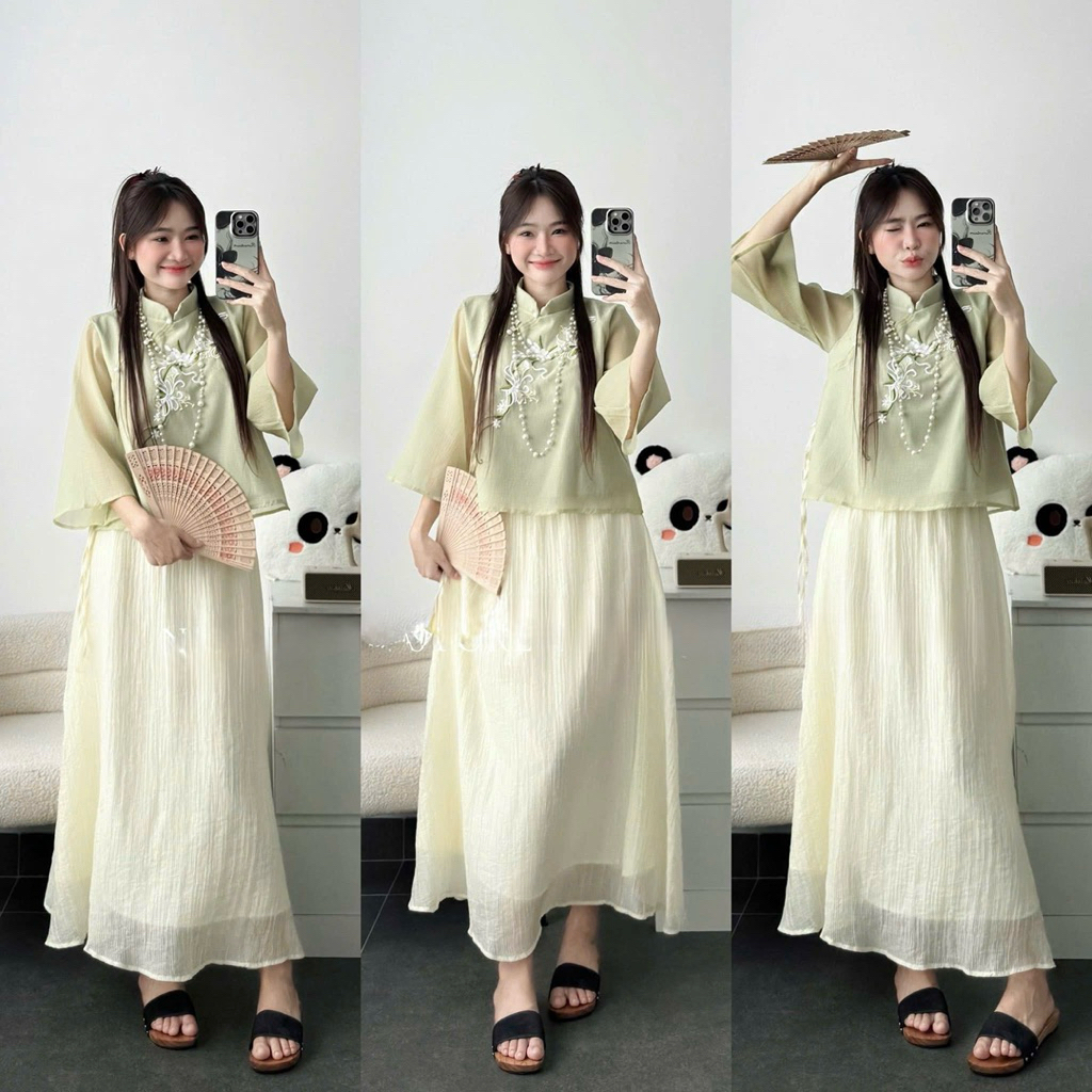 Set Đầm gấm cổ tàu