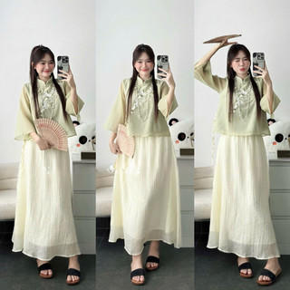 Set Đầm gấm cổ tàu