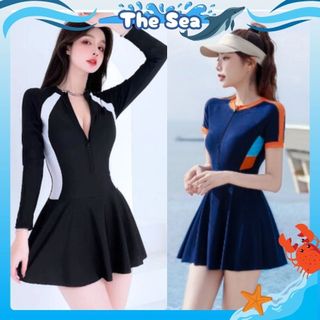  Đồ bơi nữ tắm biển hồ bơi kín đáo bikini dạng 1 mảnh liền thân váy phối màu hông có khóa kéo phong cách The Sea 015 