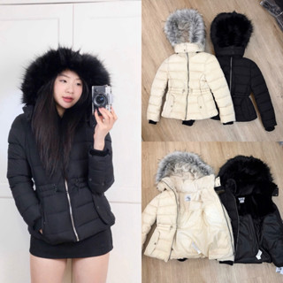  Áo phao Parka lót lông dày dáng dài có mũ lông tháo rời giữ ấm sang trọng màu đen kem 