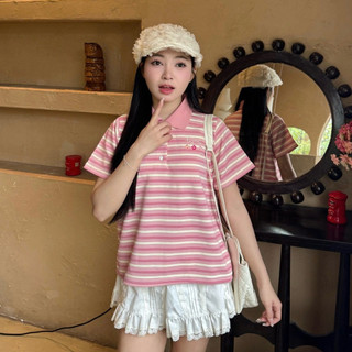   BST TẾT  Áo Polo Nữ Chất Vải Thun Gân Sọc Nổi Cổ Bẻ Kẻ Ngang Phong Cách Hàn Quốc -  POLO STYLE 