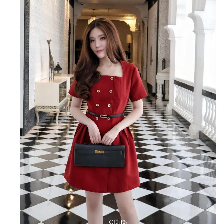 CELES FANNY Dress, đầm màu đỏ phối nút thanh lịch nổi bật đi tiệc, sự kiện