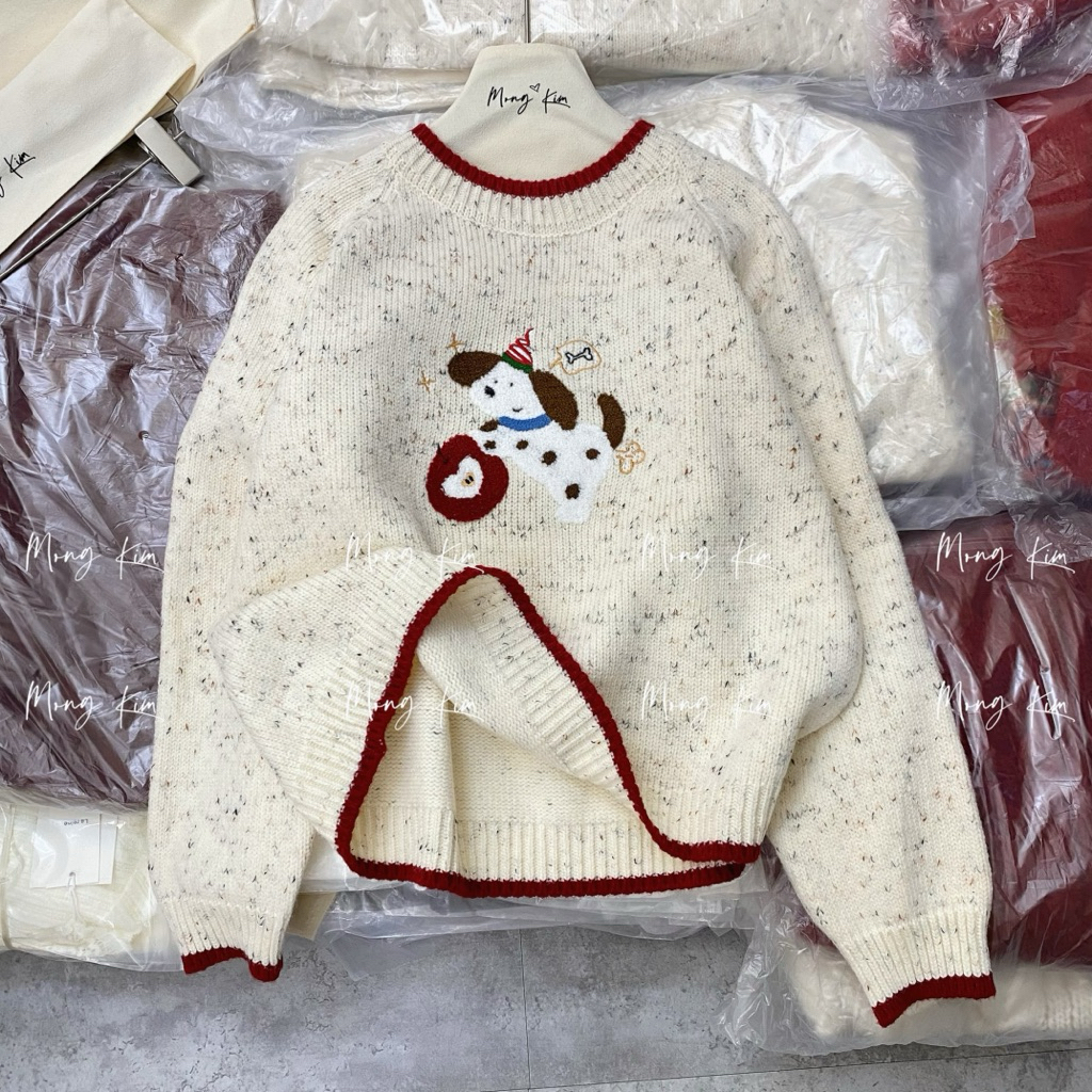 【F18.STUDIO】 #115 Áo len dài tay hoạ tiết cún cổ viền đỏ