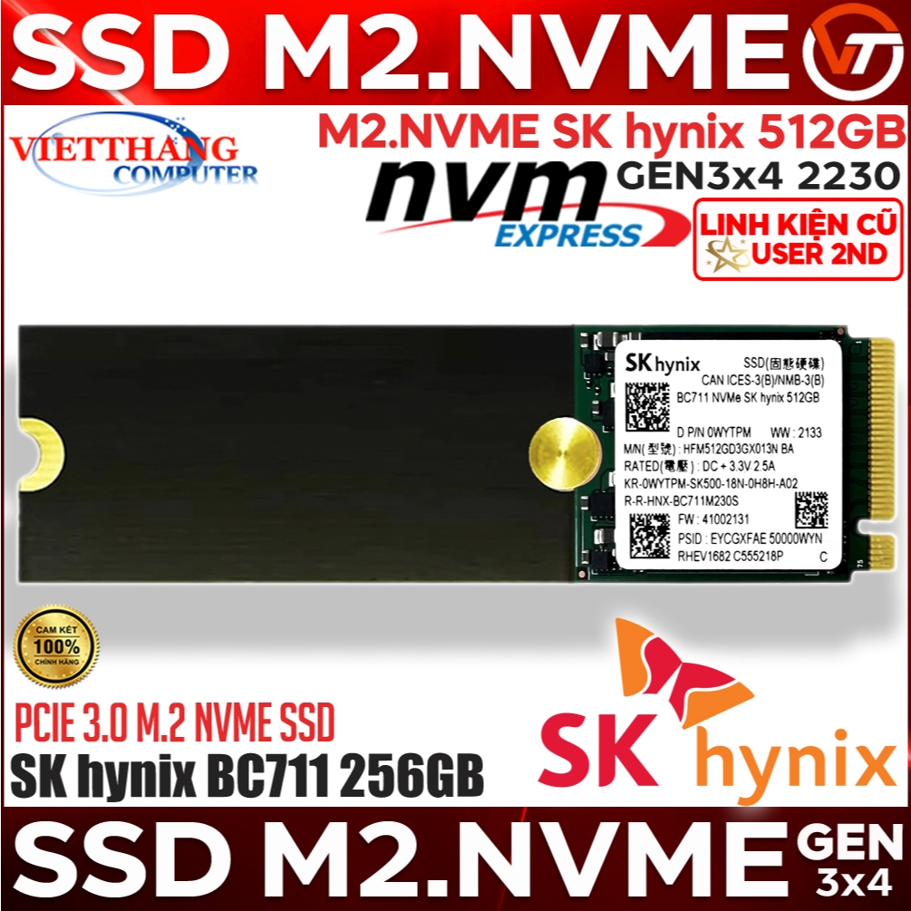 Ổ cứng SSD SK Hynix M2.Nvme BC711 512GB Gen3x4 2230 Good 100% 0h sử dụng LikeNew Tặng khay 2280