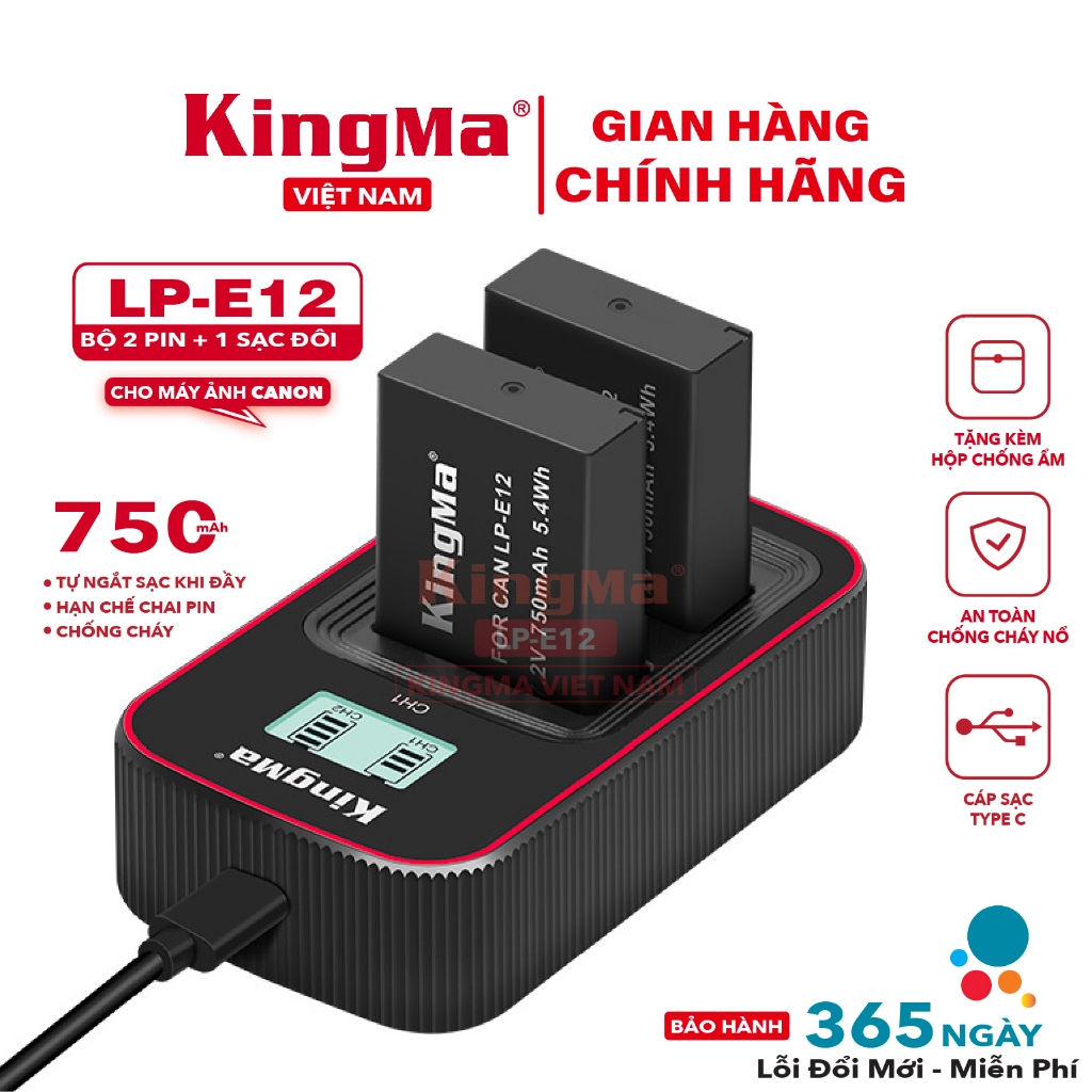 Bộ 2 Pin + 1 Dock Sạc Đôi LP-E12 Chính Hãng KINGMA. Dung Lượng 750mAh. Phiên Bản Mới Nhất V3 ( Bảo H