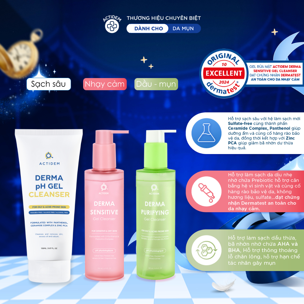 Combo Gel rửa mặt Actidem Purrifying cho da dầu, dầu mụn 200ml + Túi refill gel rửa mặt 200ml tặng N